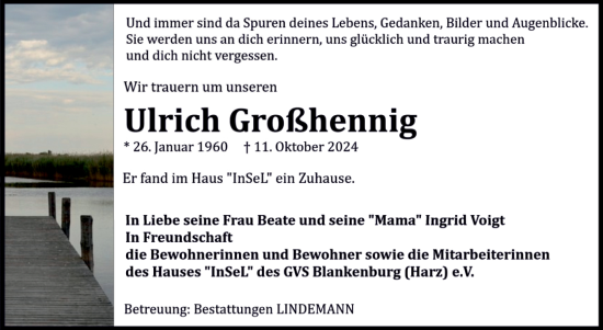 Traueranzeige von Ulrich Großhennig von Volksstimme Wernigerode