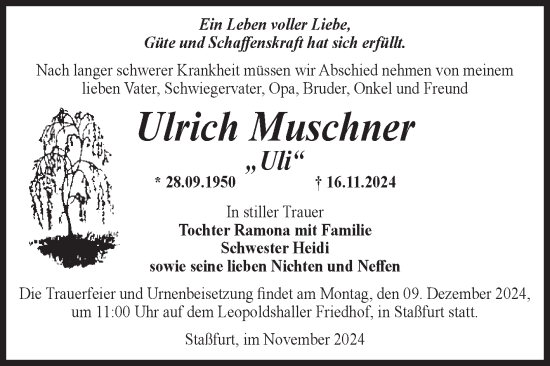 Traueranzeige von Ulrich Muschner von Volksstimme Staßfurt