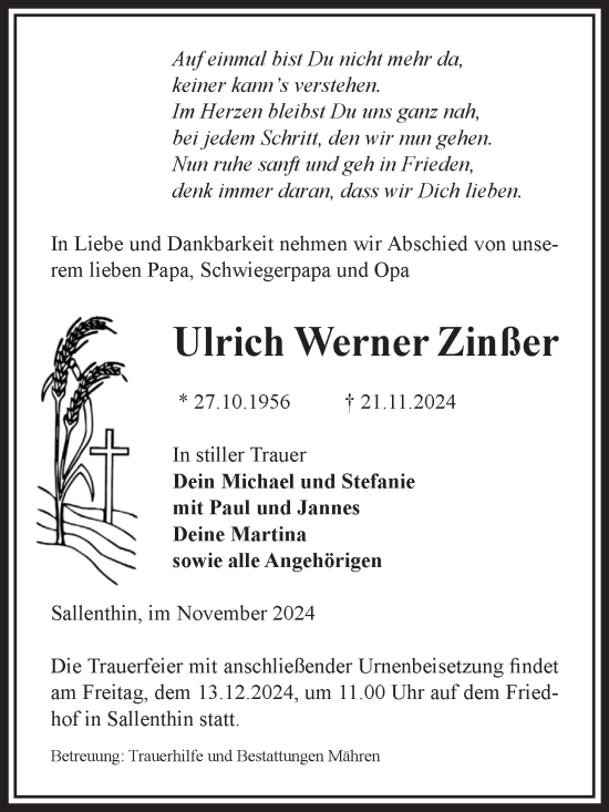 Traueranzeige von Ulrich Werner Zinßer von Volksstimme Altmark West