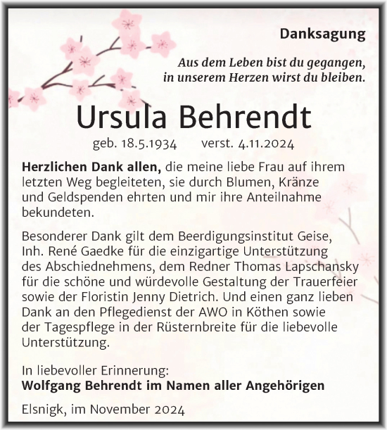 Traueranzeige von Ursula Behrendt von Trauerkombi Köthen