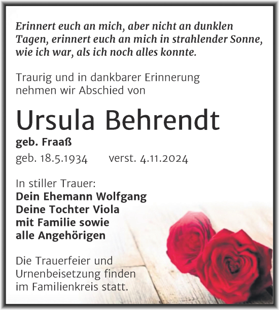 Traueranzeige von Ursula Behrendt von Trauerkombi Köthen