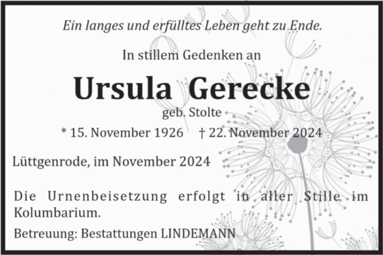 Traueranzeige von Ursula Gerecke von Volksstimme Halberstadt