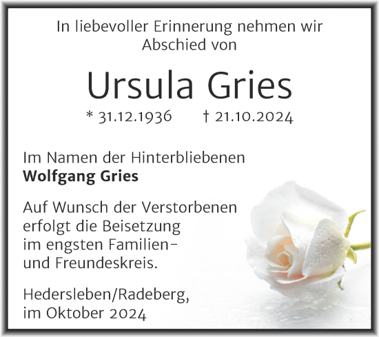 Traueranzeige von Ursula Gries von Trauerkombi Quedlinburg