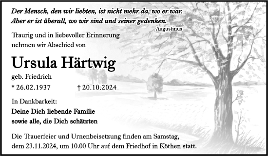 Traueranzeige von Ursula Härtwig von Trauerkombi Köthen