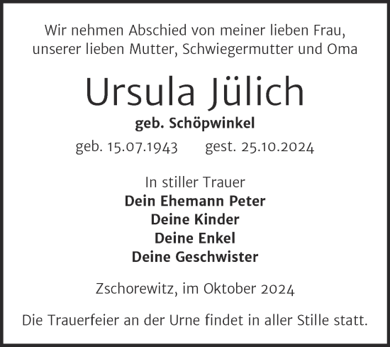 Traueranzeige von Ursula Jülich von Trauerkombi Wittenberg