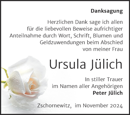 Traueranzeige von Ursula Jülich von Trauerkombi Wittenberg