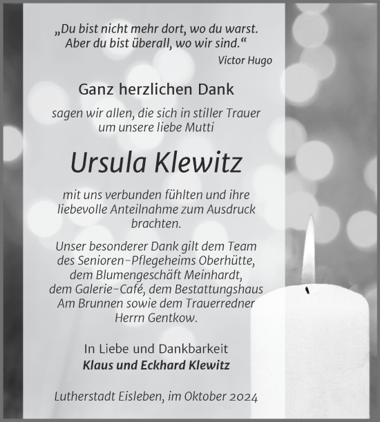 Traueranzeige von Ursula Klewitz von Trauerkombi Mansfelder Land