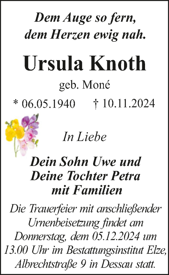 Traueranzeige von Ursula Knoth von Trauerkombi Dessau