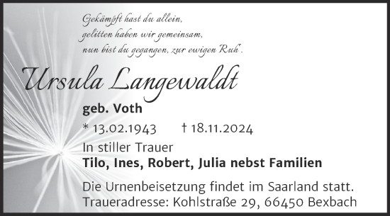 Traueranzeige von Ursula Langewaldt von Mitteldeutsche Zeitung Halle/Saalkreis