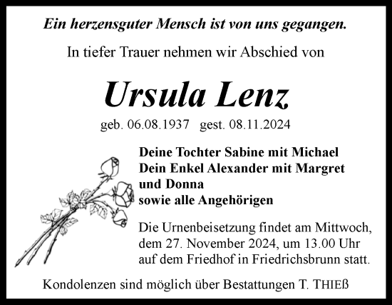 Traueranzeige von Ursula Lenz von Trauerkombi Quedlinburg