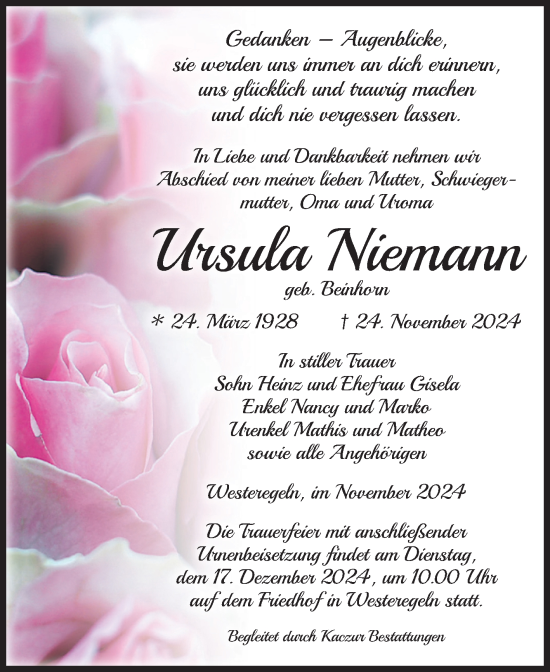 Traueranzeige von Ursula Niemann von Volksstimme Staßfurt