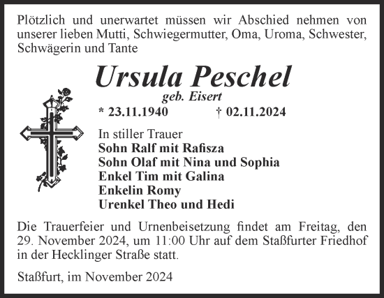 Traueranzeige von Ursula Peschel von Volksstimme Staßfurt