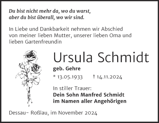 Traueranzeige von Ursula Schmidt von Trauerkombi Dessau