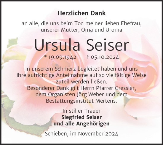 Traueranzeige von Ursula Seiser von Super Sonntag Naumburg/Nebra