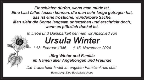 Traueranzeige von Ursula Winter von Volksstimme Magdeburg