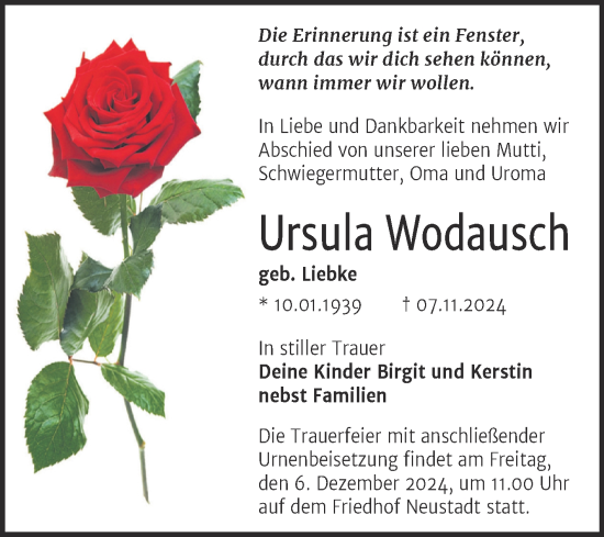 Traueranzeige von Ursula Wodausch von Mitteldeutsche Zeitung Halle/Saalkreis