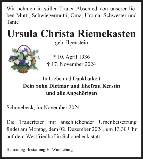 Traueranzeige von Ursula Christa Riemekasten von Volksstimme Schönebeck