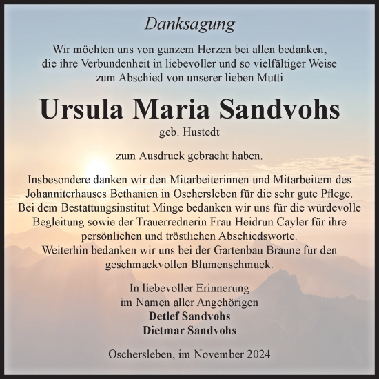 Traueranzeige von Ursula Maria Sandvohs von Volksstimme Oschersleben/Wanzleben