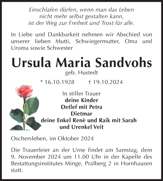 Traueranzeige von Ursula Maria Sandvohs von Volksstimme Oschersleben/Wanzleben
