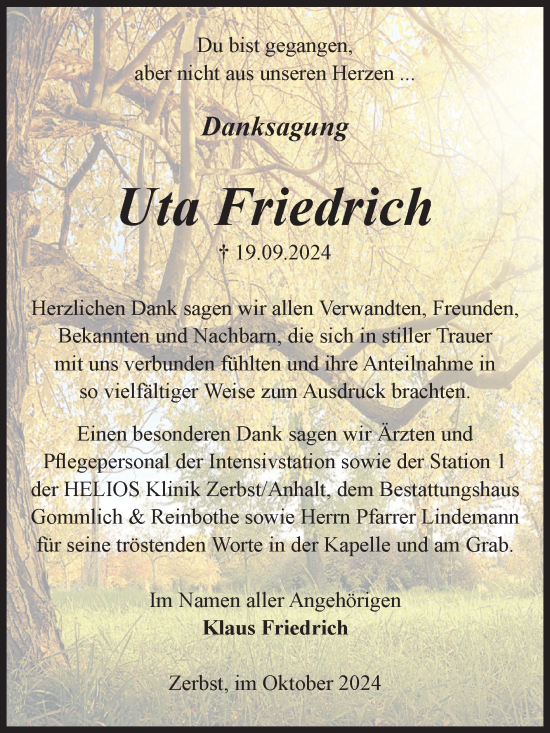 Traueranzeige von Uta Friedrich von Volksstimme Zerbst