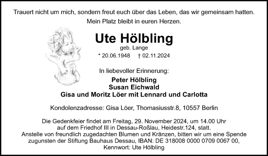 Traueranzeige von Ute Hölbling von Trauerkombi Dessau