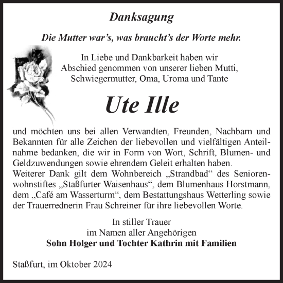Traueranzeige von Ute Ille von Volksstimme Staßfurt