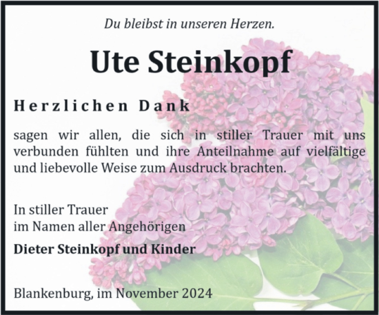 Traueranzeige von Ute Steinkopf von Volksstimme Wernigerode