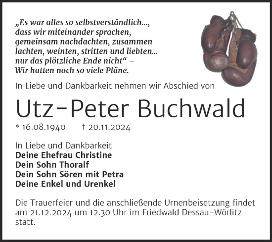 Traueranzeige von Utz-Peter Buchwald von Trauerkombi Dessau