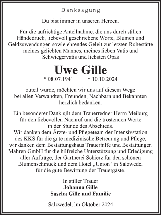 Traueranzeige von Uwe Gille von Volksstimme Altmark West