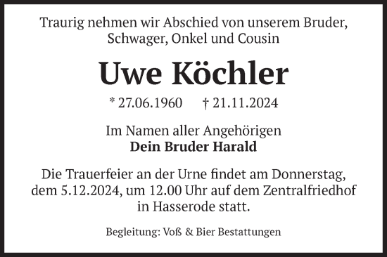 Traueranzeige von Uwe Köchler von Volksstimme Wernigerode
