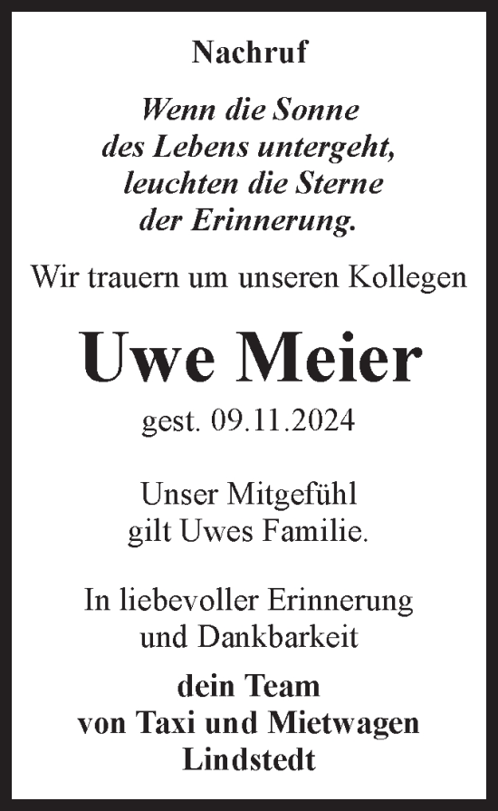 Traueranzeige von Uwe Meier von Volksstimme Zerbst