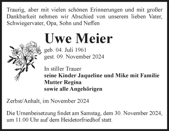 Traueranzeige von Uwe Meier von Volksstimme Zerbst