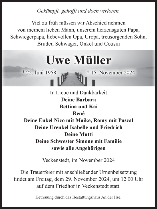 Traueranzeige von Uwe Müller von Volksstimme Wernigerode
