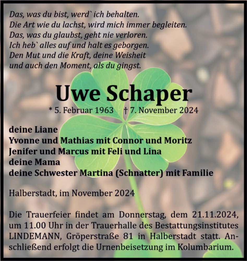  Traueranzeige für Uwe Schaper vom 16.11.2024 aus Volksstimme Halberstadt