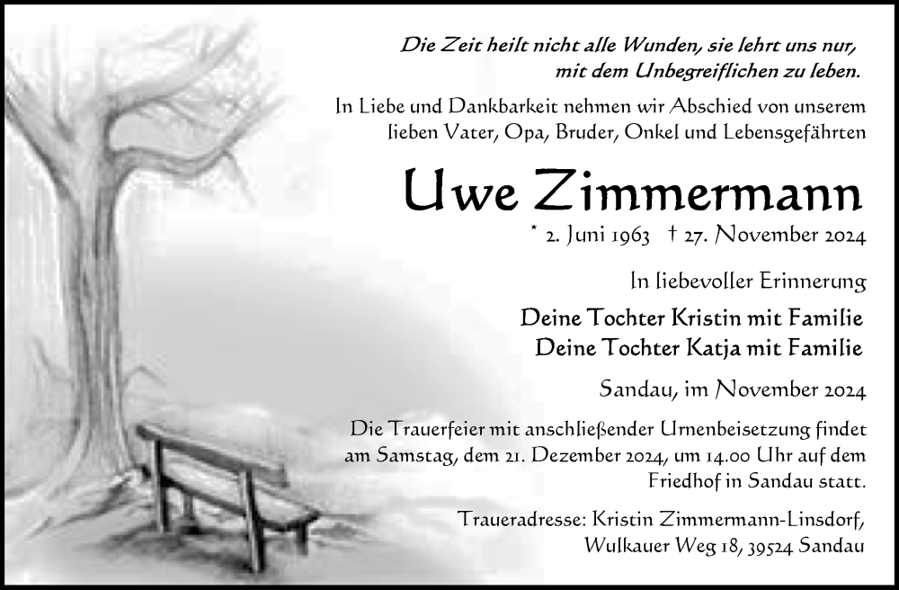  Traueranzeige für Uwe Zimmermann vom 30.11.2024 aus Volksstimme Altmark Ost