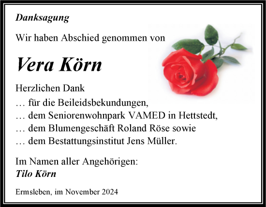 Traueranzeige von Vera Körn von Trauerkombi Aschersleben