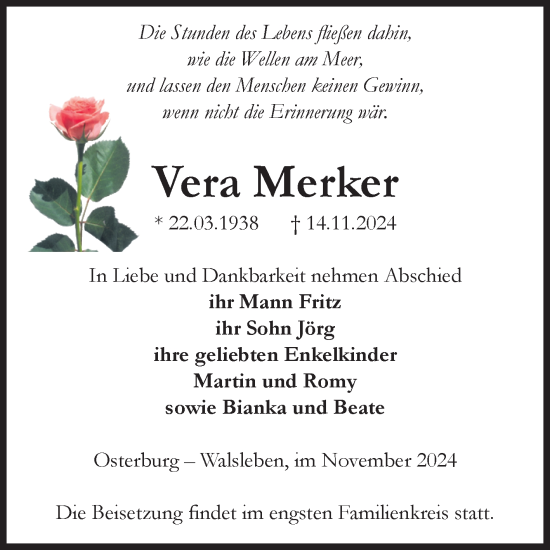 Traueranzeige von Vera Merker von Volksstimme Altmark Ost
