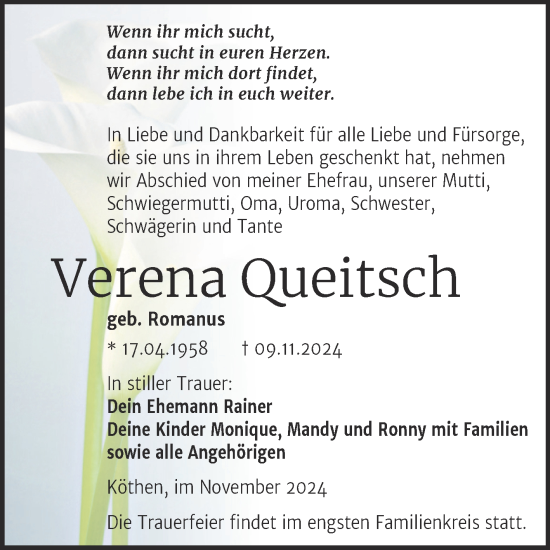 Traueranzeige von Verena Queitsch von Trauerkombi Köthen