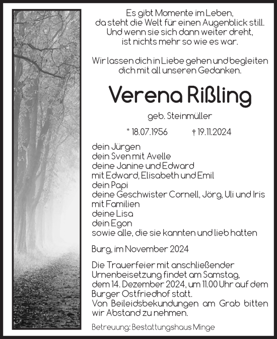 Traueranzeige von Verena Rißling von Volksstimme Burg/Genthin