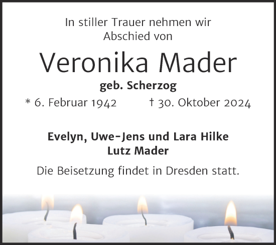 Traueranzeige von Veronika Mader von Mitteldeutsche Zeitung Halle/Saalkreis