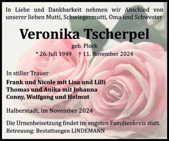 Traueranzeige von Veronika Tscherpel von Volksstimme Halberstadt