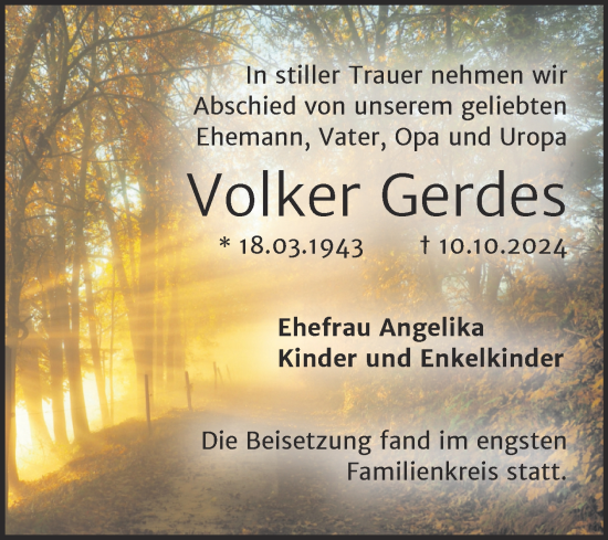 Traueranzeige von Volker Gerdes von Mitteldeutsche Zeitung Halle/Saalkreis