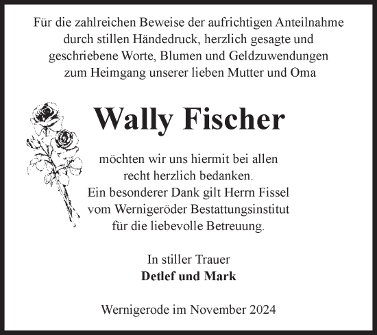 Traueranzeige von Wally Fischer von Volksstimme Wernigerode