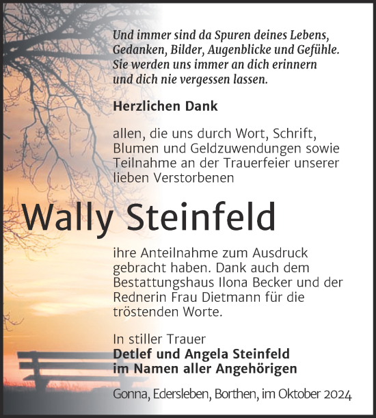 Traueranzeige von Wally Steinfeld von Trauerkombi Sangerhausen