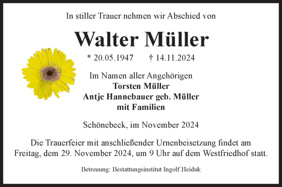 Traueranzeige von Walter Müller von Volksstimme Schönebeck