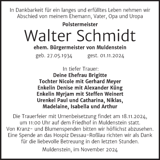 Traueranzeige von Walter Schmidt von Trauerkombi Bitterfeld