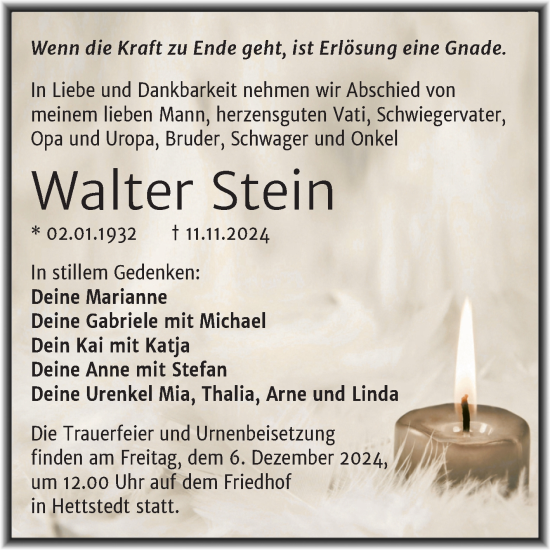 Traueranzeige von Walter Stein von Trauerkombi Mansfelder Land
