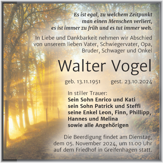 Traueranzeige von Walter Vogel von Trauerkombi Mansfelder Land