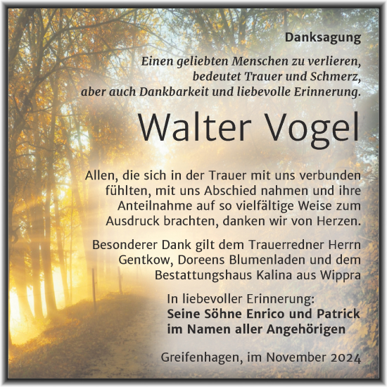 Traueranzeige von Walter Vogel von Trauerkombi Mansfelder Land