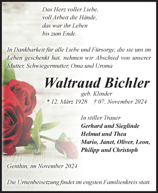 Traueranzeige von Waltraud Bichler von Volksstimme Burg/Genthin